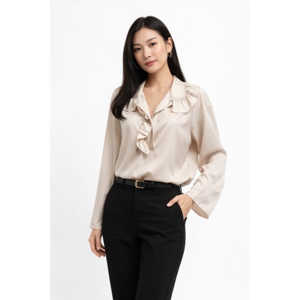 H&M Ruffle Collar Blouse Tan V-Neck Long Sleeve Oversized M‎ Cottagecore 72-27